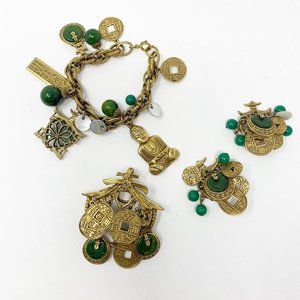 509 Vintage ART (Arthur Pepper) Asian theme bracelet, earrings, pendant set